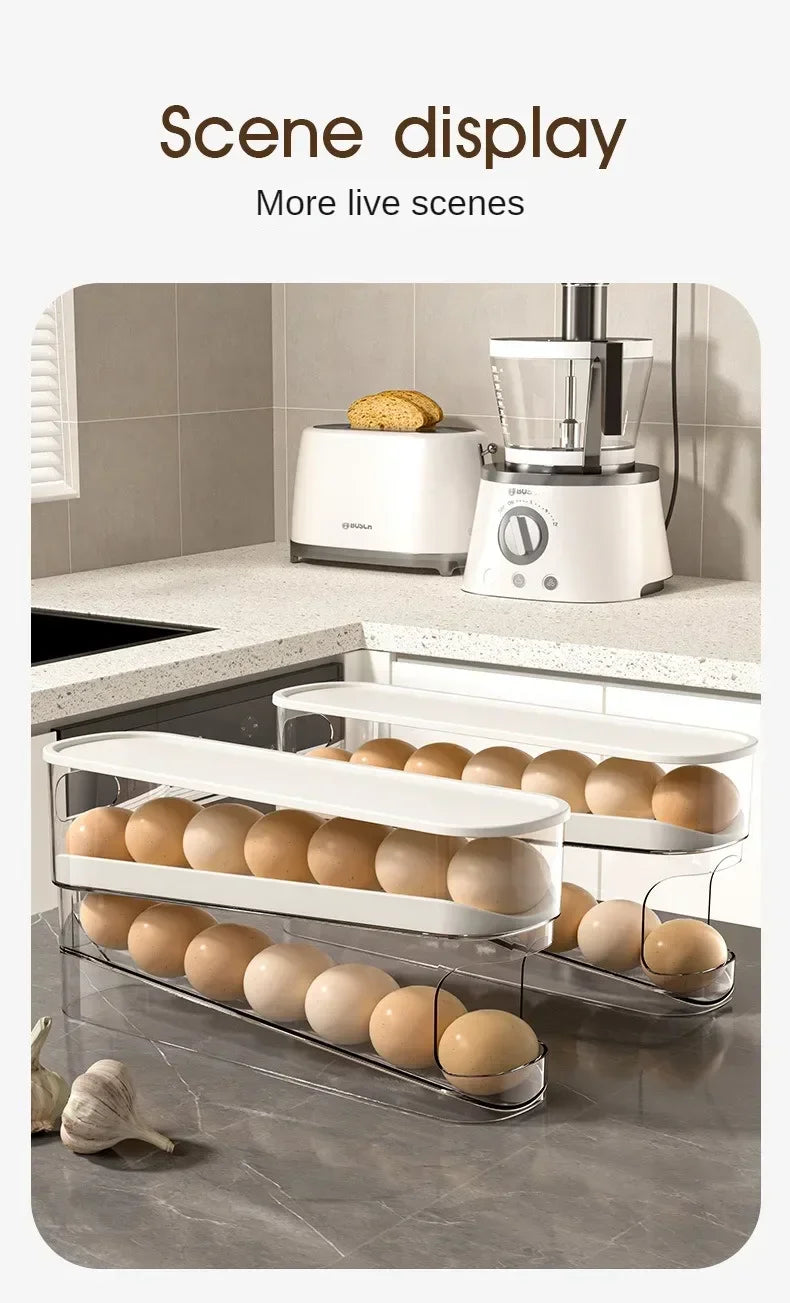 Double Layers Egg Storage Box Refrigerator Automatic Rolling Slide Egg Rack Refrigerator Side Door Freshness Box Kitchen Storage