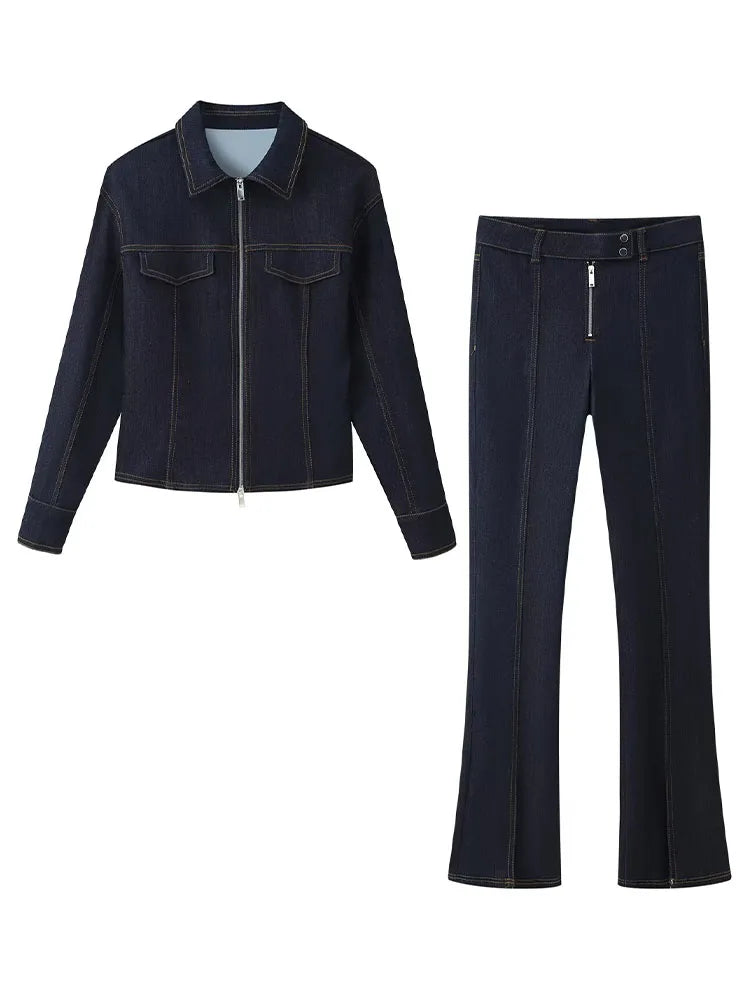 HH Women's Fashion Vintage Denim Suit Slim Lapel Long Sleeve Zipper Denim Cardigan Jacket+Mid-Rise Slim Zipper Long Jeans Mujer