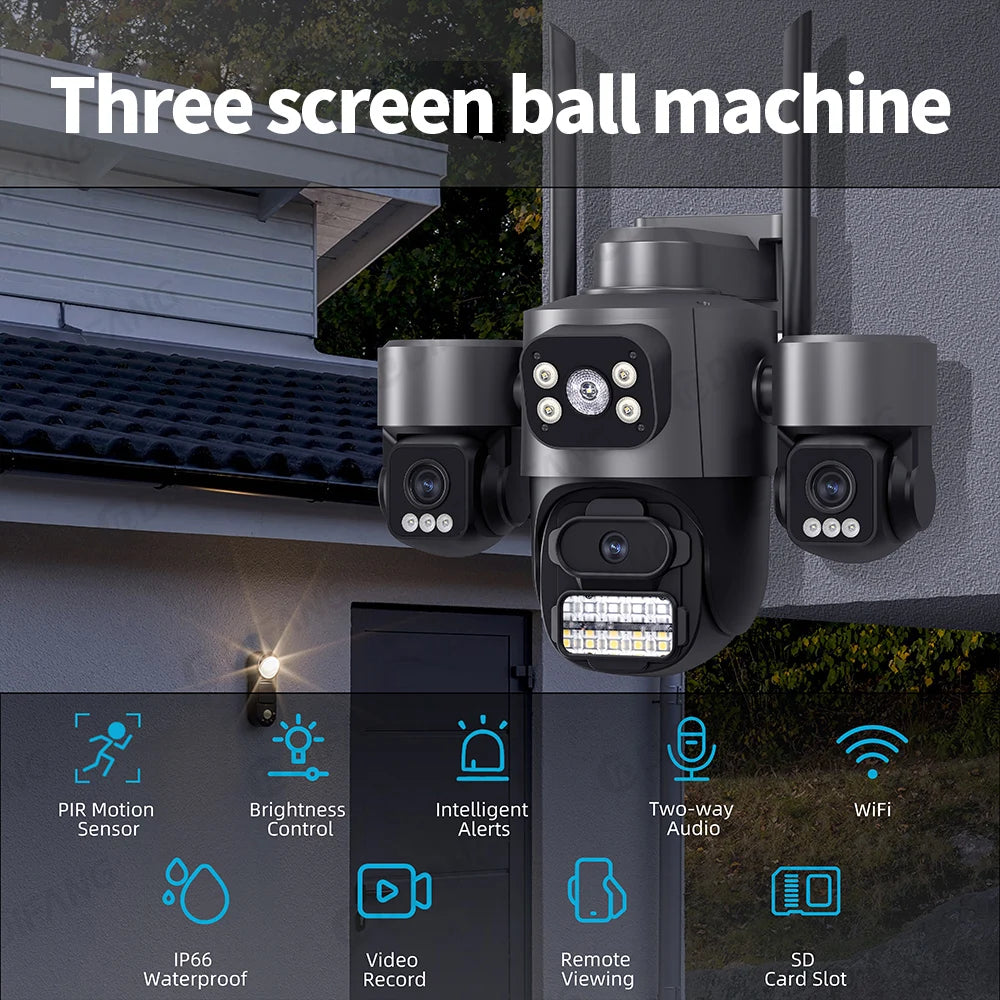 Icsee 3 Lens 3 Screen WIFI Security Camera Outdoor PTZ PIR Human Detection Auto Tracking Night Vision Surveillance CCTV