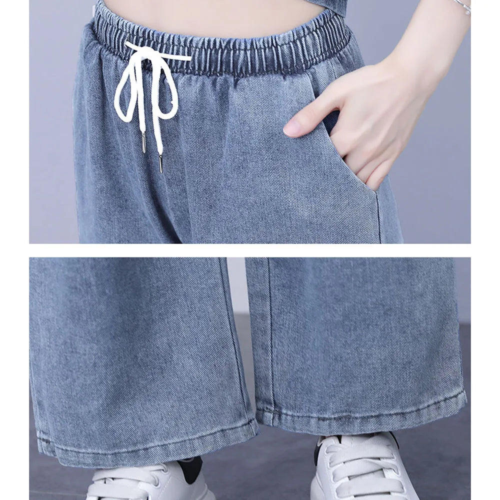 Summer Thin Jeans Set Women Fashion Short Sleeve Hooded Pullover Tops + Elastic Waist Wide Leg Pants 2PCS Female Denim Outfit