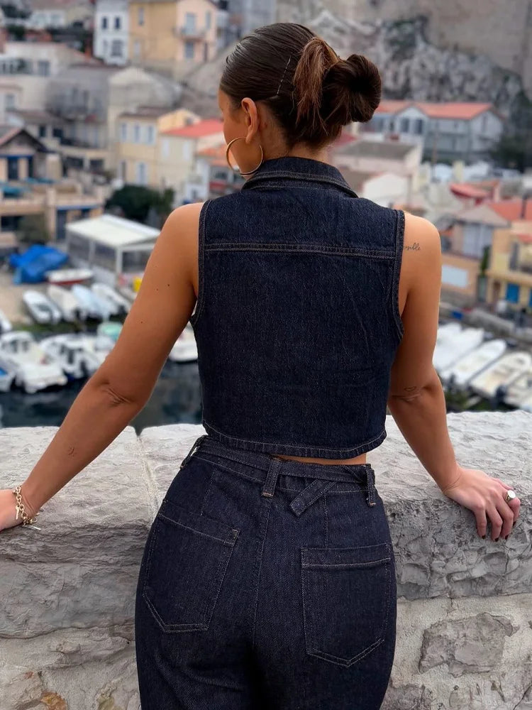 HH Women Turn-down Collar Single-breasted Sleeveless Denim Vest Top+High Waist Pocket Zipper Belt Flared Jeans 2 Piece Set