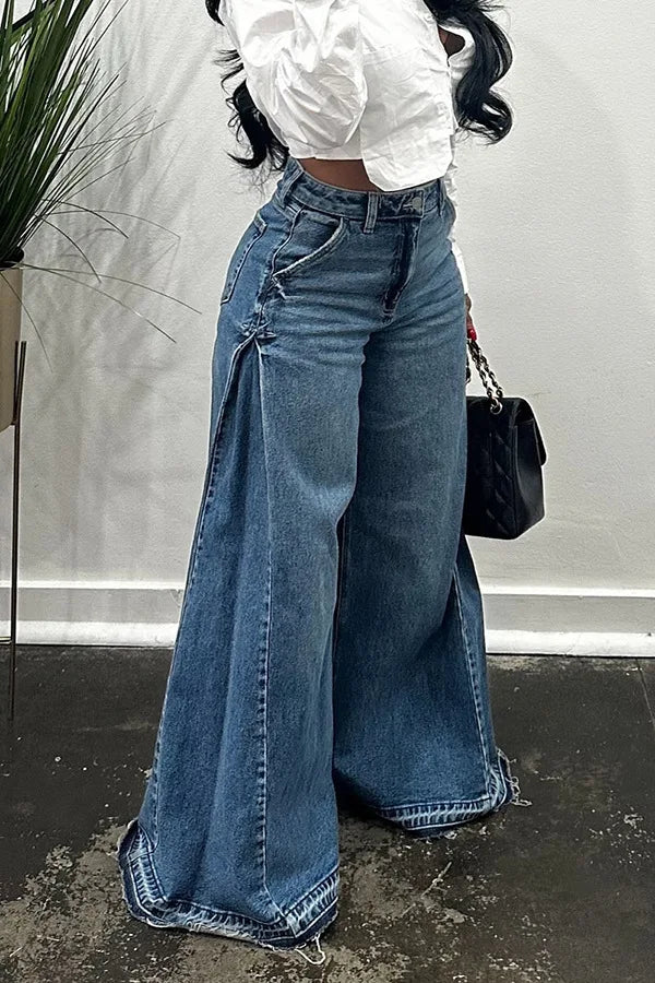 QICHE European American Women Y2K Blue Washed Patchwork Flare Jeans Loose Tassel Floor-Length Wide Leg Denim Pants