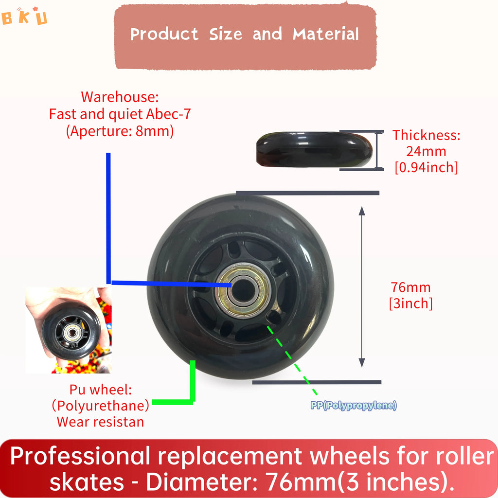 8-Piece PU Replacement Wheels 76mm(3") with ABEC-7 Bearings, PP+PU Material Fit Inline Skates/Kids Scooters/Strollers/Luggage