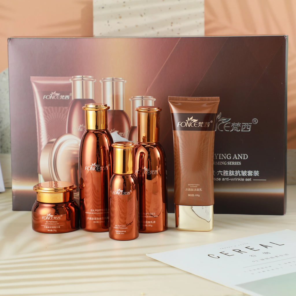 5PCS FONCE Hexapeptide Firming Anti-aging Beauty Set Contains Facial Cleanser Serum Toner Anti-Wrinkle Cream Women Face Care Kit