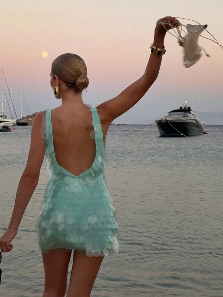 Fashion Sequin Mini Dress Women Sexy O-neck Sleeveless Backless Waist-cinching Slim Dresses 2026 Summer Lady Vacation Robe