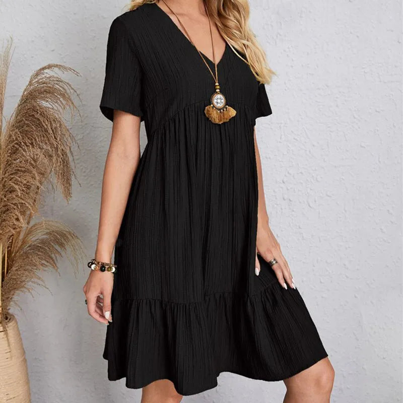 2023 Faion Women's Casual Dr Skirt Lady's Clothing Polyester Fiber A-Line Skirt ort Sve V-Ne Loose Waist Summer D...