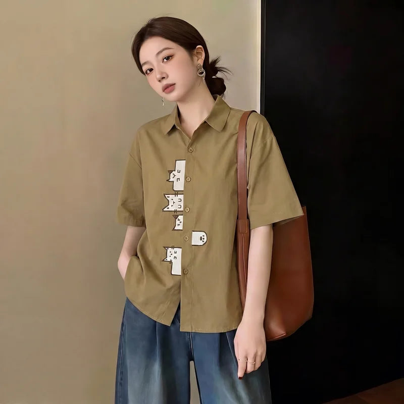 Khaki Short Sleeve Shirt Women's Shoulder Length Cover Belly Summer New Style plus Size Fat MM Age Reduction Top Commute Style