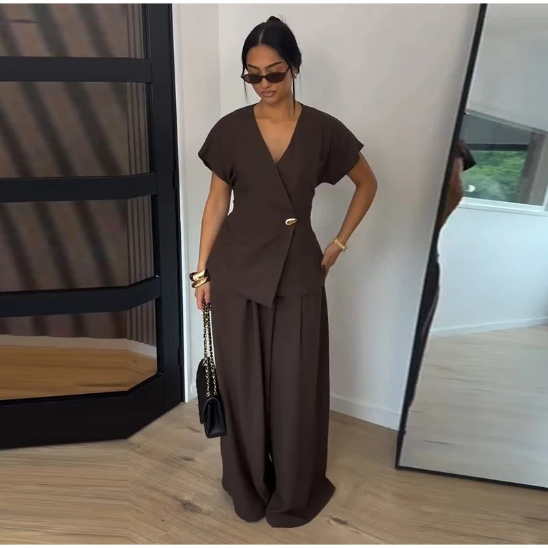 Elegant Button Top Pants Set Women Slim V-neck Short Sleeve One Button Tops High Waist Wide Leg Pant Two Piece Sets 2026 Summer