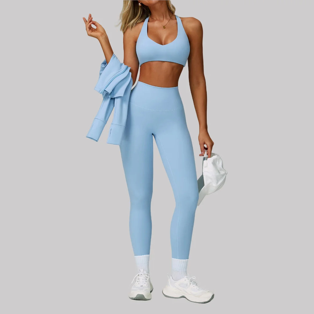 3PCS Women's Yoga Set Peach Hip Sports Jacket Shorts Fitness Set Tight Sports Bra Pants Set Workout Gym Leggings Sports Yoga Set