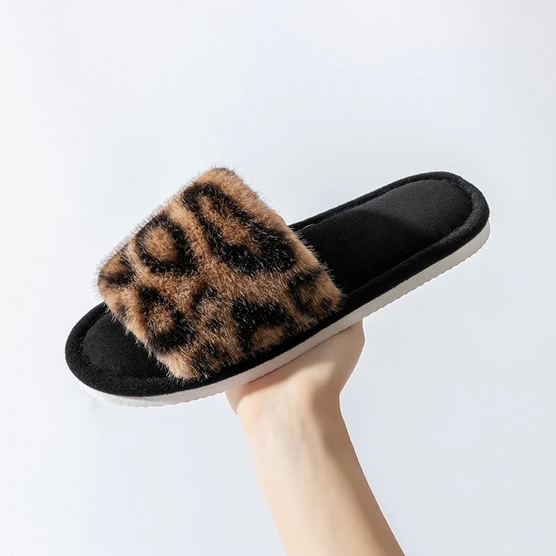 Women's Leopard Print Plush Slippers for Home, Non-Slip Sole, Soft & Comfortable Open Toe House Shoes for Bedroom Spring&Autumn