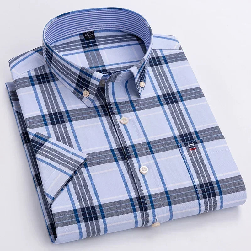 2025 100% Pure Cotton Men's Oxford Short Sleeve Square Collar Soild Plaid Striped Summer Casual Shirts Single Pocket  Shirt