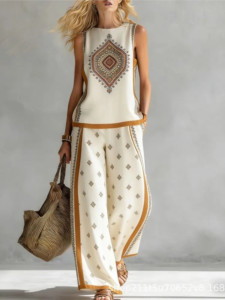 Fashion Retro Printed Sleeveless Tops Trousers 2-piece Set Women's Summer Casual Vest Loose Wide Leg Trousers Female Suit Pocket
