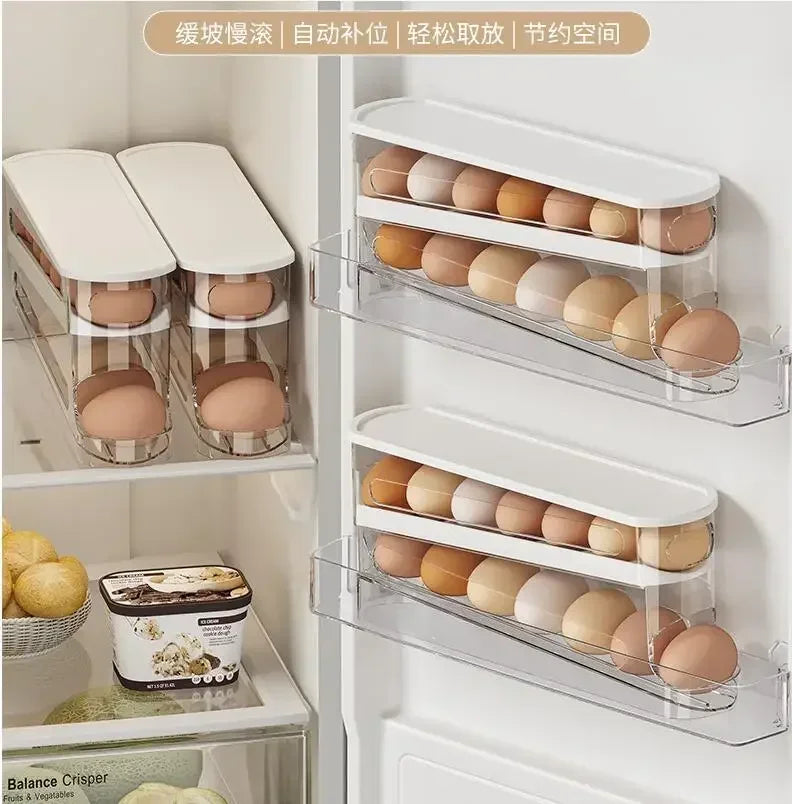 Double Layers Egg Storage Box Refrigerator Automatic Rolling Slide Egg Rack Refrigerator Side Door Freshness Box Kitchen Storage