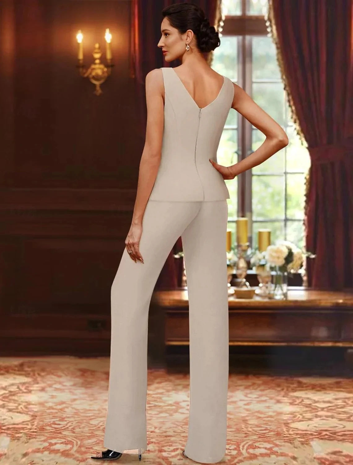 Pantsuit 3 Piece Mother of the Bride Dress Formal Wedding Guest V Neck Chiffon Lace Sleeveless with Beading Sequin 2024