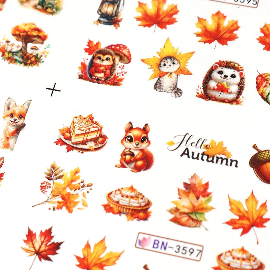 Autumn Maple Leaves Nail Art Stickers Sliders Hedgehog Squirrel  Fall Leaf Turkey Nail Water Transfer Sticker Decal Decorations