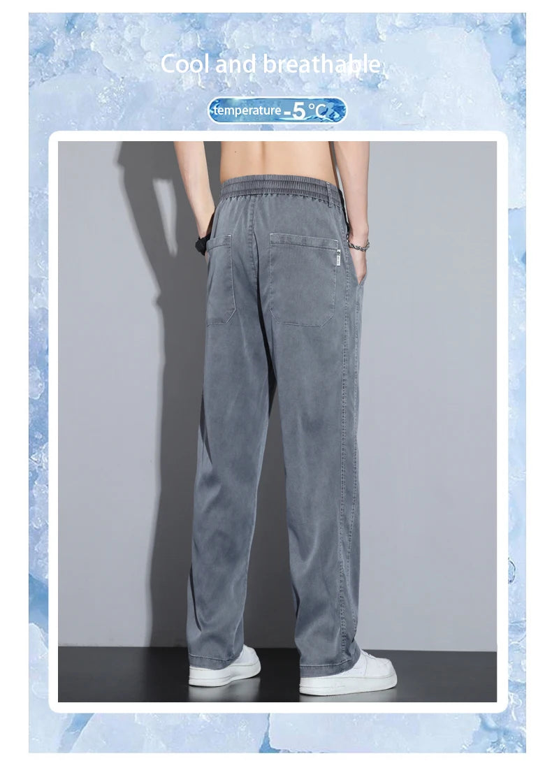 Summer Soft Lyocell Fabric Men's Jeans Thin Loose Straight Pants Drawstring Elastic Waist Korea Casual Trousers Plus Size M-5XL