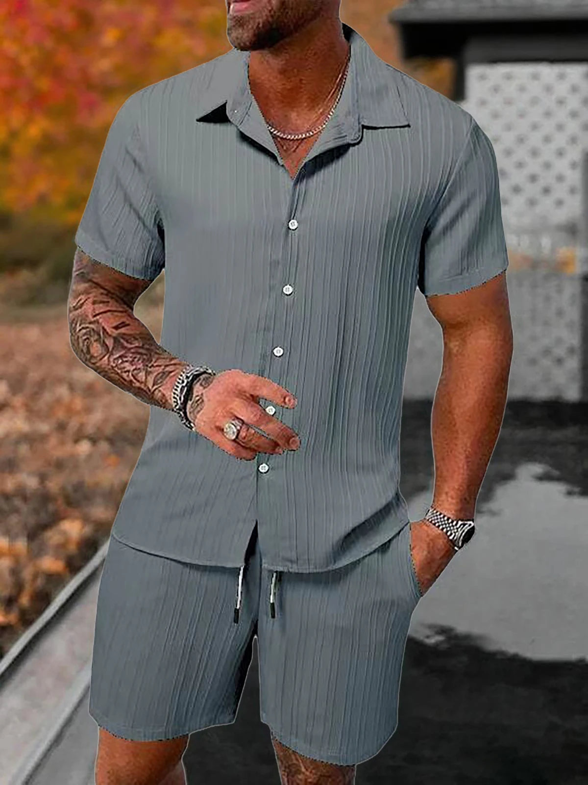 Lazy Street Style Vertical Stripe Slimming Shirt Shorts Two-piece Set No Need To Pair With Autumn Men's Thin Knit Sports Suit