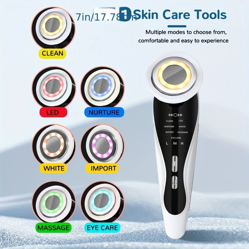This handheld facial cleansing and beauty device, a USB rechargeable face and neck massager, is compact and portable, suitable f