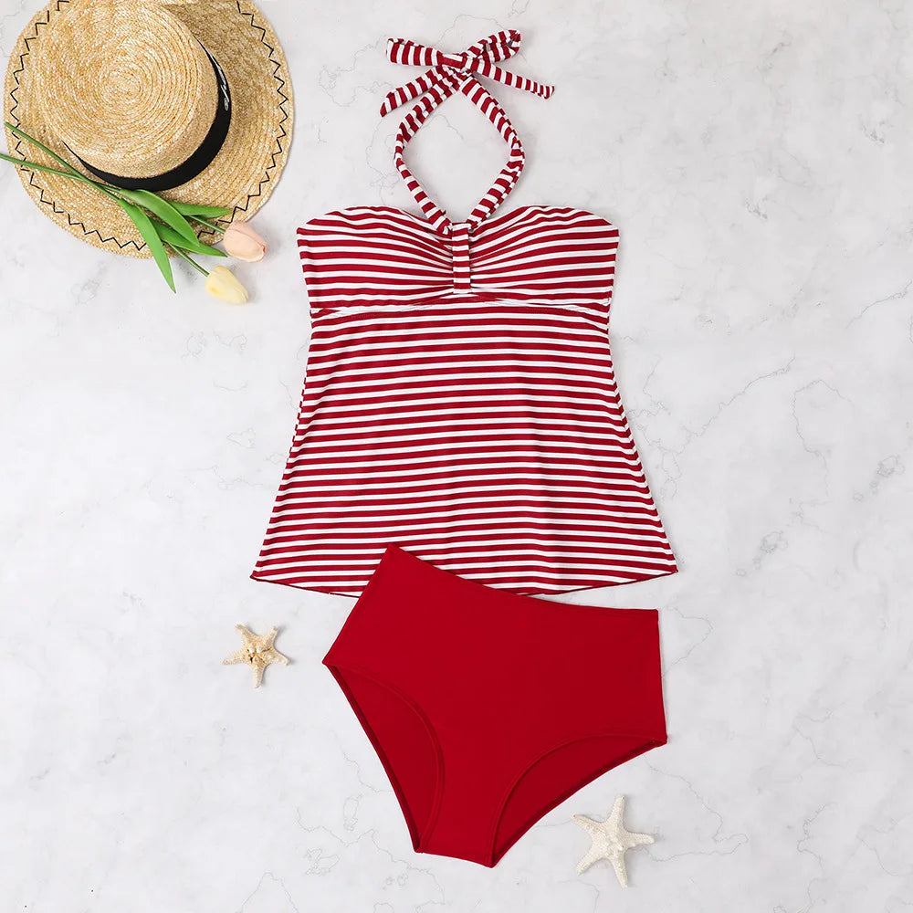 Women's Bathing Suit Two Pieces Halter Striped Print Tankini Set Summer Sexy Beach Wear High Waisted Swimwear Women Swimsuit XXL