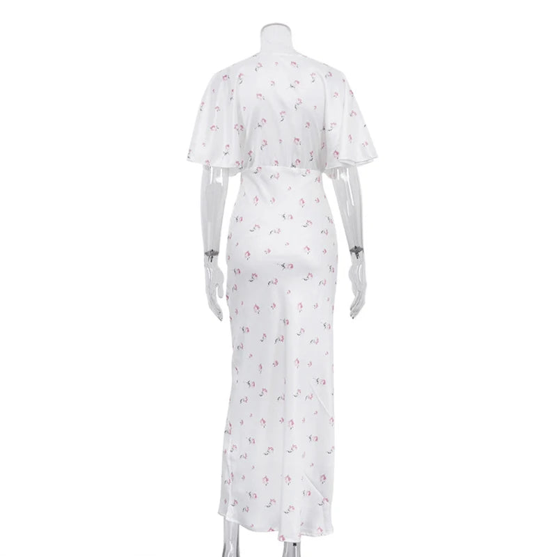 Organza Floral Printed Maxi Dress Women V Neck High Split Puff Sleeve Waist Cinching Ruffle Long Dresses Vacation Summer Outfits