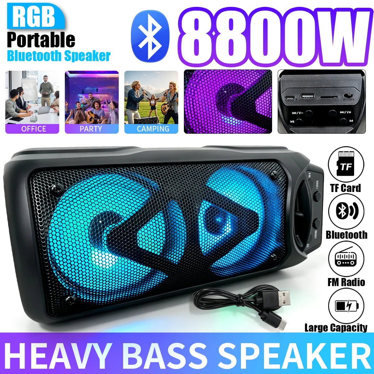Wireless Portable Bluetooth Speaker 2000W Big‑Volume Heavy‑Bass Speaker, RGB Colorful Light Effect,
