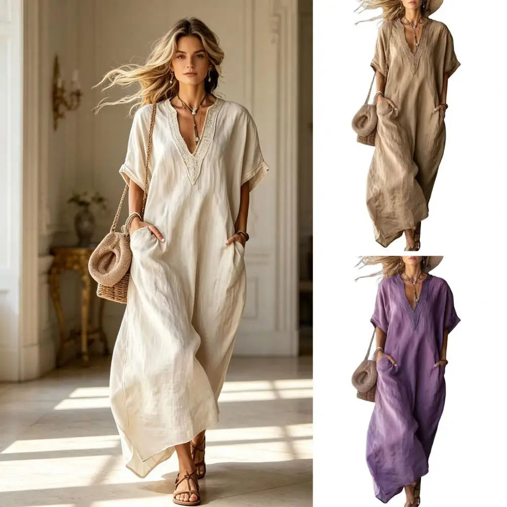 Women Dresses 2026 Casual Solid Color Short-sleeved V-neck Long Dresses Women's Clothing Vestidoes Sundress With Pockets