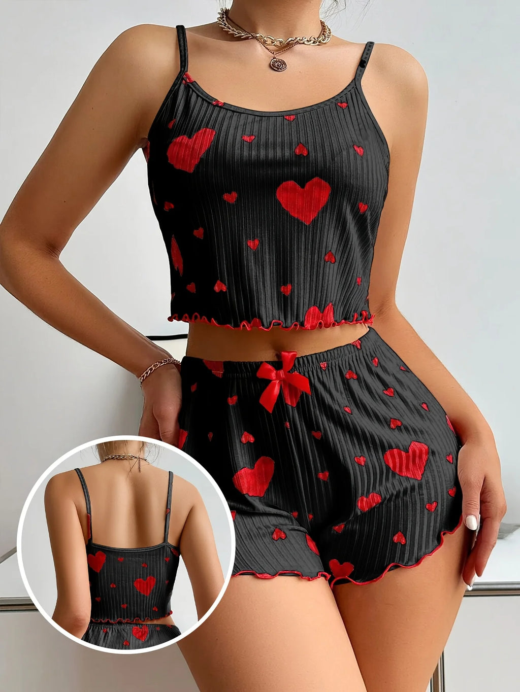 Summer Women's Heart Print 2PCS Pajamas Set Soft Ribbed Tank Top and Shorts Nightwear Sleepwear Loungewear