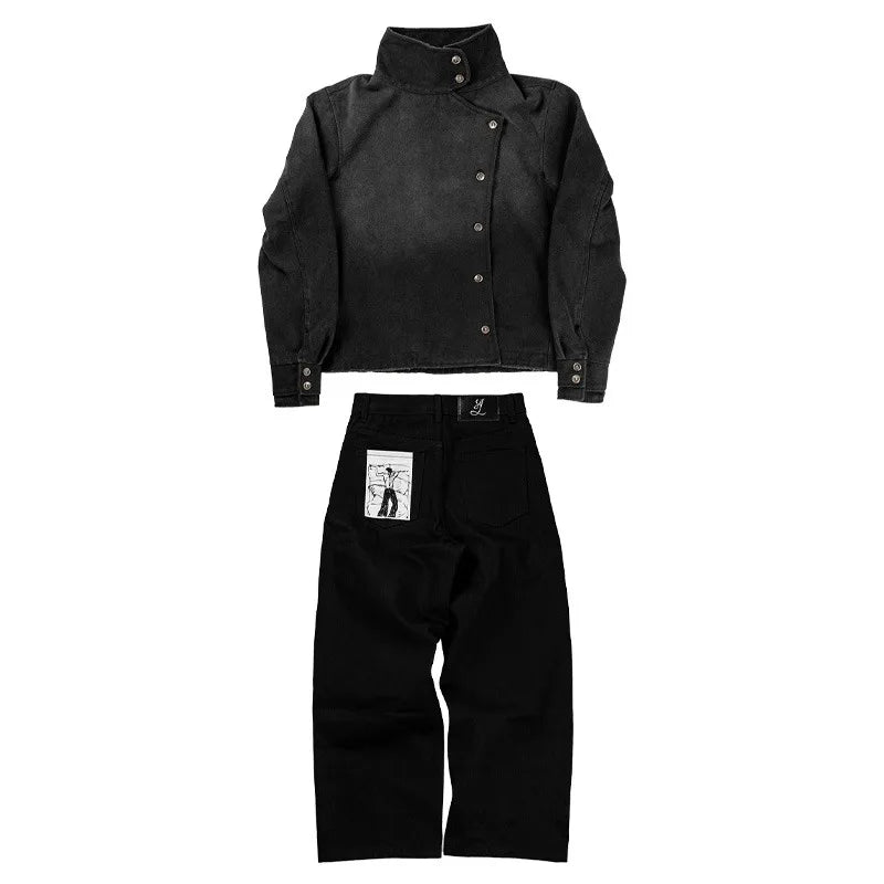 Y2K Vintage Black Denim Two Piece Set Asymmetric Button High Neck Jacket Baggy Wide Leg Pants Streetwear Gothic Harajuku Outfits