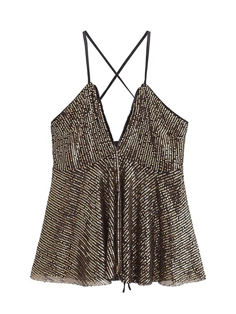 Sexy Sequins Camisoles Vest Women Glitter Sleeveless Backless Ruffle Pleated Tanks Top 2025 Summer Chic Beach Sreetwear Lady
