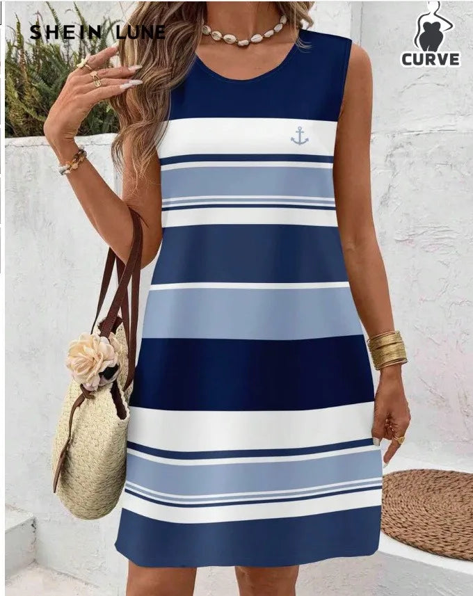 Women's Casual Summer Dress Sleeveless Loose Fit Round Neck Pullover Mid Length 3D Print for Women Beach Camping Hiking Outfit
