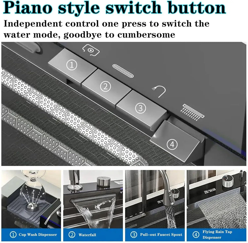 Kitchen sink double waterfall sink with LED display with cup washer, soap dispenser, waterfall mixer, worktop controller, etc. w