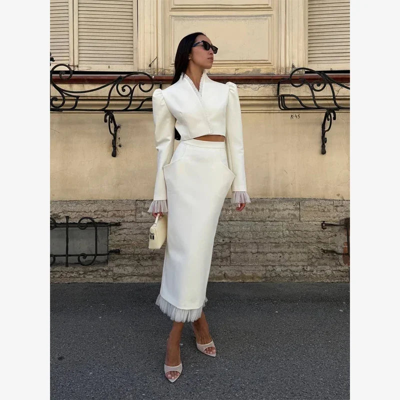 White Women's mesh two piece set Puff Sleeve V Neck blazer two piece dress set Daily Commuter Party  Outfit 2026 Summer Style