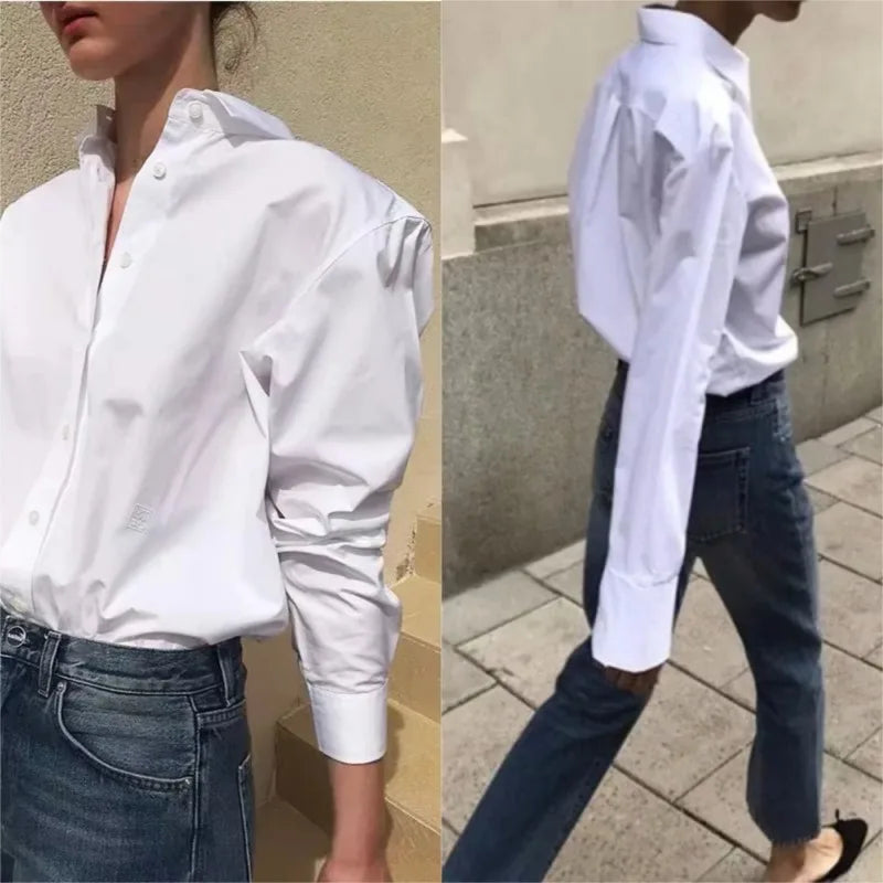 TT@-LUXURY White Shirt Women's 2025 Spring/Summer Outside Wear Loose Lazy Design Sense Niche Versatile Cotton Top Office Lady
