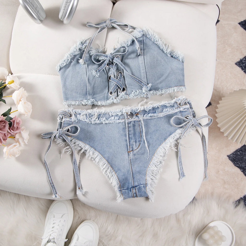 DEKA Retro Women Bikini Denim Suits Summer Halter Camis+ Mini Pant Lingerie Fashion Vacation Swimsuits Sexy Bra&Briefs Sets
