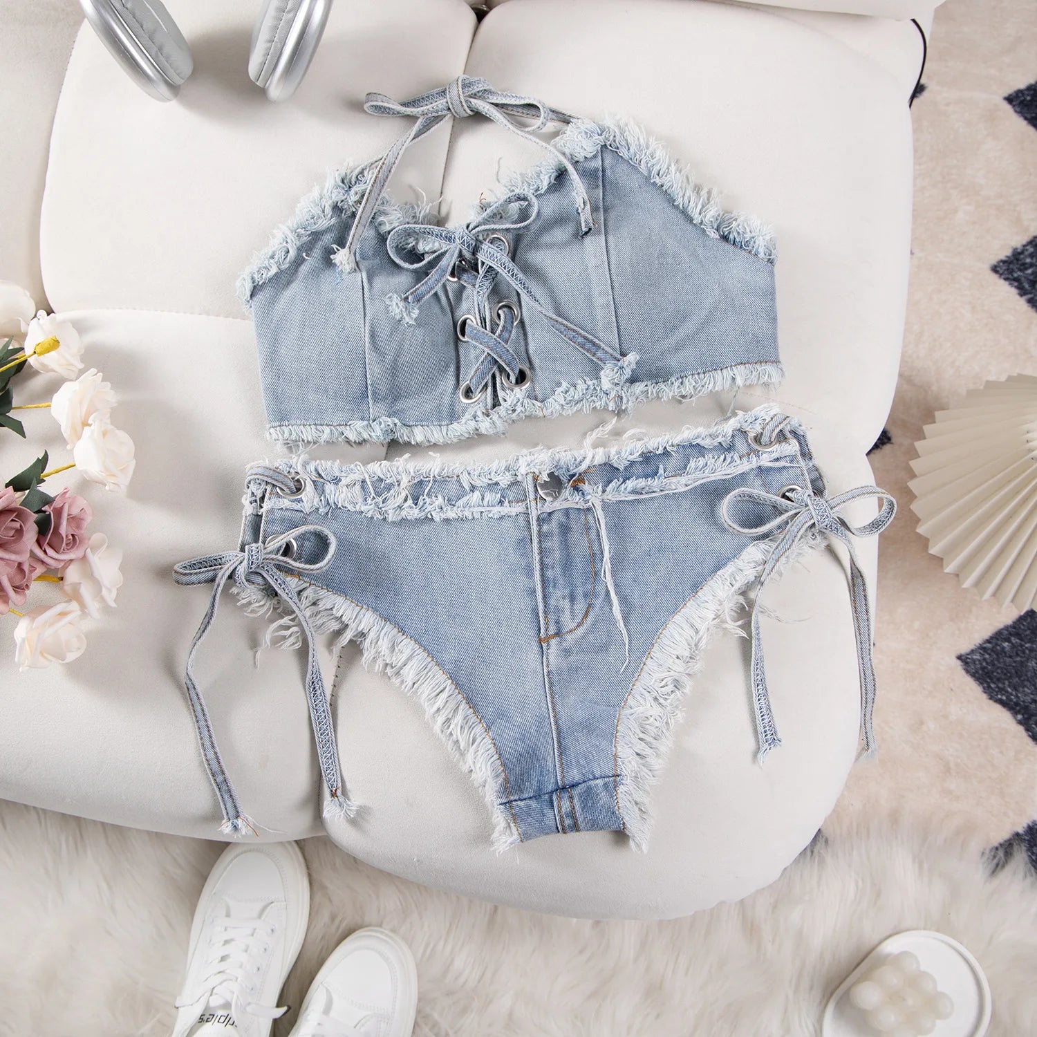 DEKA Retro Women Bikini Denim Suits Summer Halter Camis+ Mini Pant Lingerie Fashion Vacation Swimsuits Sexy Bra&Briefs Sets