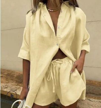 Fashion Solid Shirt Home Suits Casual Short Sleeve Tops + Drawstring Shorts Two Piece Set 2024 Summer Women Button Loose Outfit
