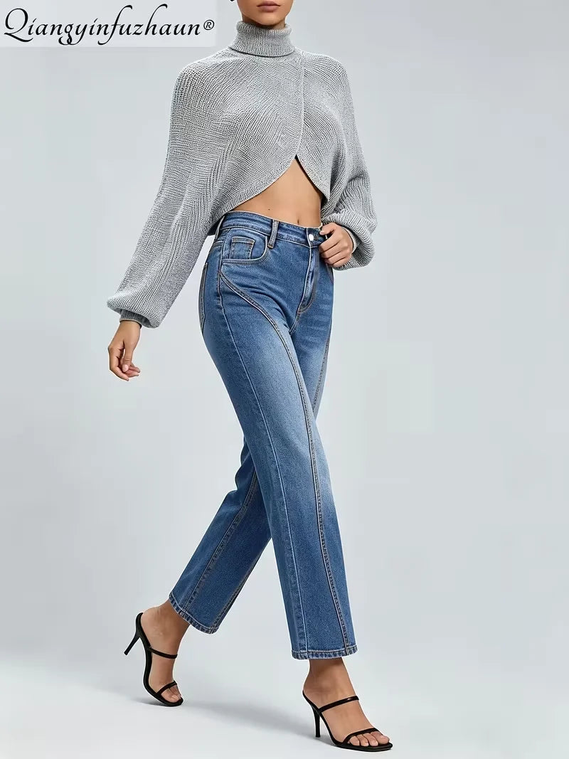 Small-scale design wash denim straight-leg pants for women, S-shaped spliced style, fits well, slimming effect, suitable for dai