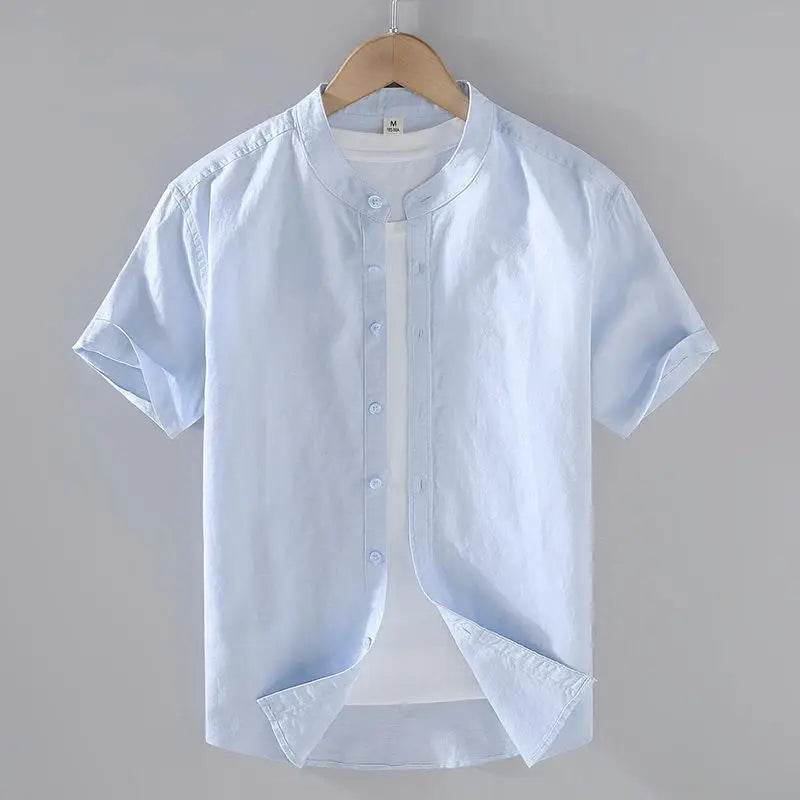 Men's Short-Sleeved Shirt Summer Streetwear Plain Color Stand Collar Casual Beach Style plus Size M-5XL