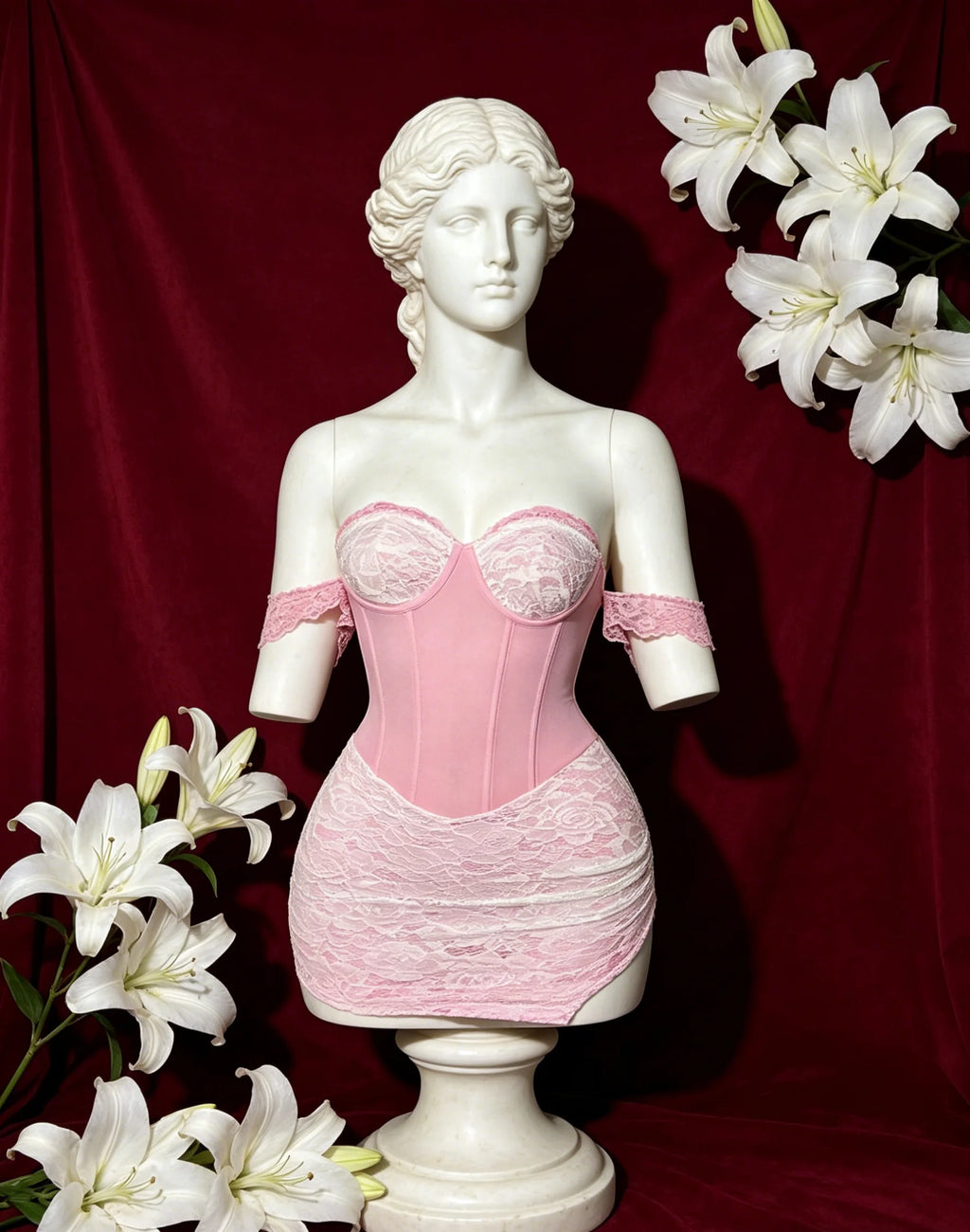 Fragments.SPECIAL LINK:THE MASCOT'SLITTLE GIFT.】 Coquette Pink Lace Bustier Mini Dress with Lace Trim Detail