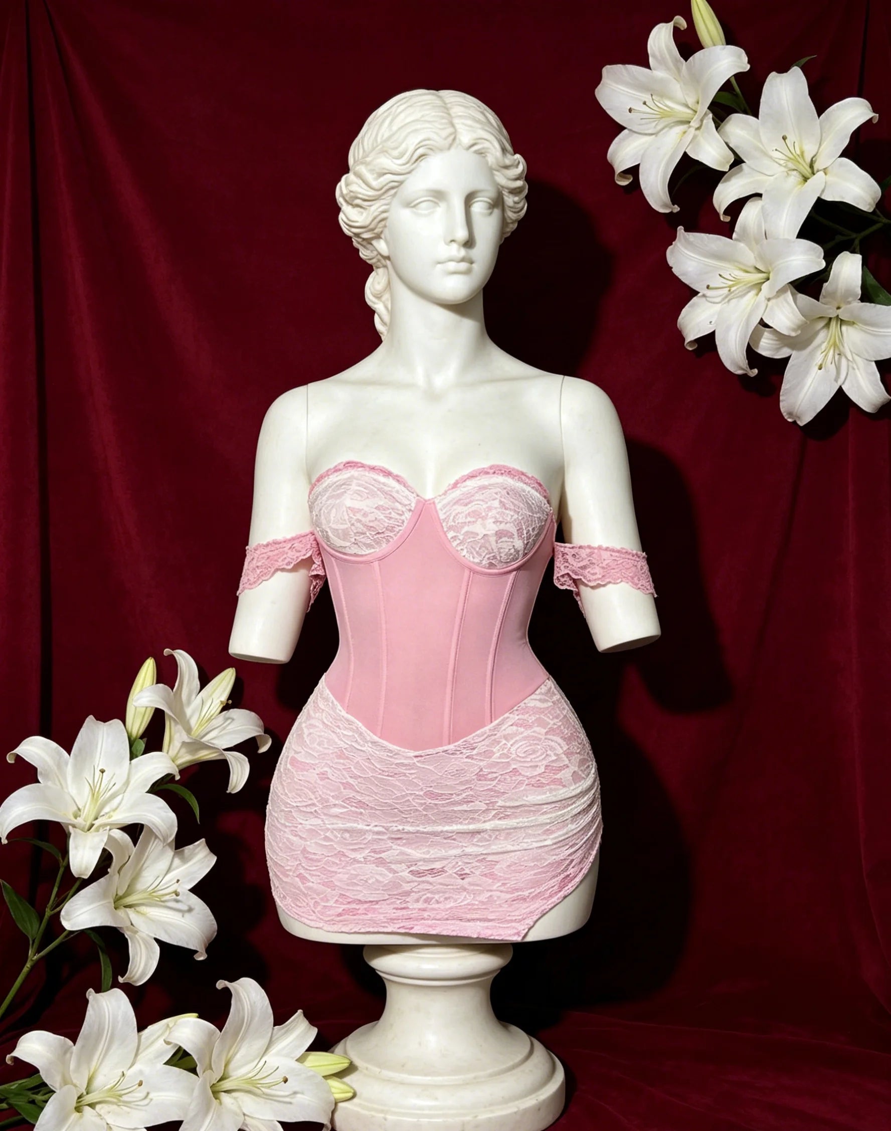 Fragments.SPECIAL LINK:THE MASCOT'SLITTLE GIFT.】 Coquette Pink Lace Bustier Mini Dress with Lace Trim Detail