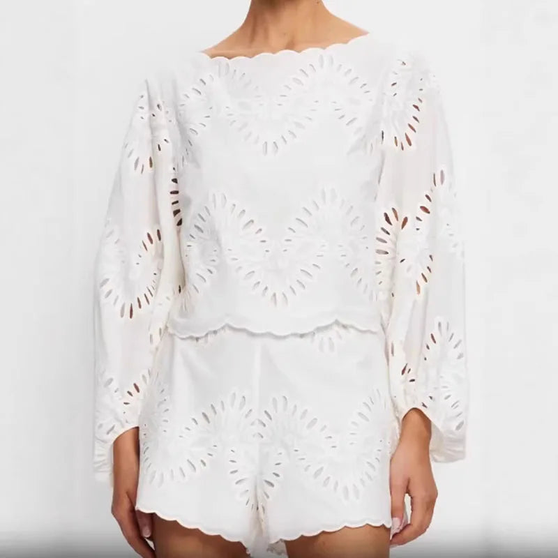 Women Solid Cropped Top 2 Piece Matching Set Round Neck Puff Sleeve Eyelet Hollow Hem Shorts Outfits Casual Summer Resort Outfit