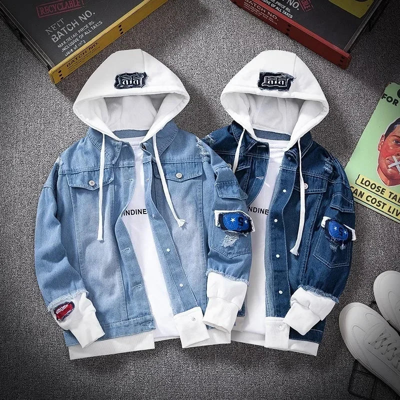 Customizable Men Denim Jacket Streetwear Hip Hop Men's Hooded Jean Jackets Male Casual Loose Outerwear Fashion Slim Fit Coat