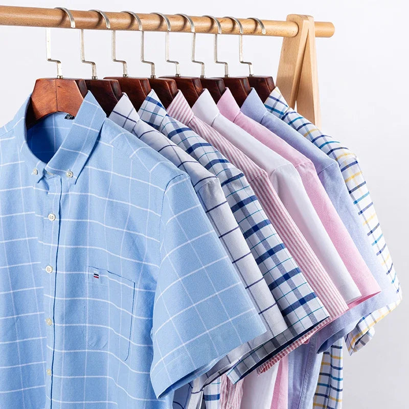 2025 100% Pure Cotton Men's Oxford Short Sleeve Square Collar Soild Plaid Striped Summer Casual Shirts Single Pocket  Shirt