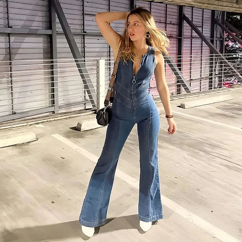 Fashion Denim Jumpsuit Women's Sexy New Tank Slim Sleeveless High Waist Hollow Zipper Backless Love Jumpsuits Streetwear Women