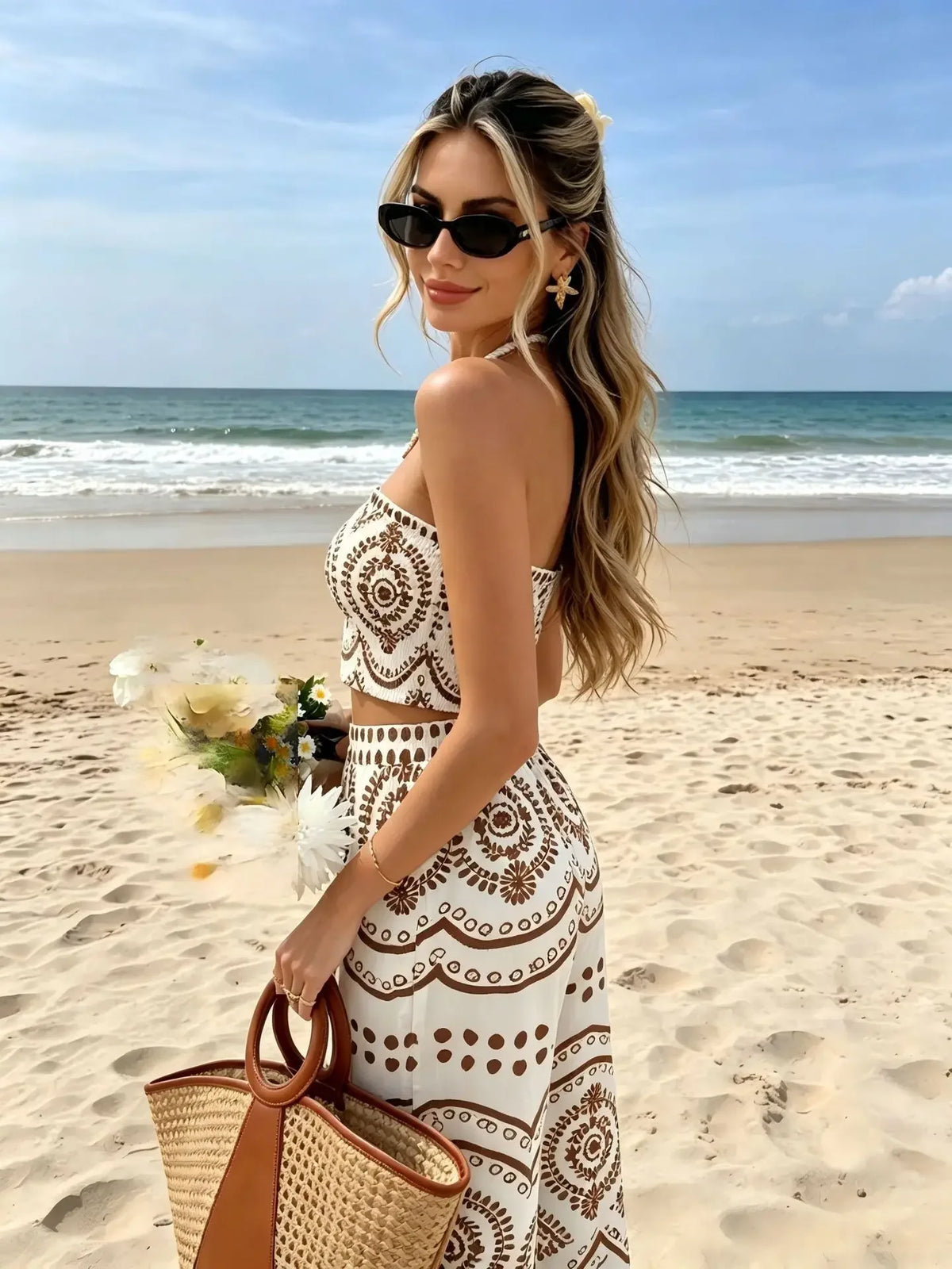 New Bohemian Vacation Plant Print Bandeau Wide Leg Pants, Fashion Two Piece Outfit