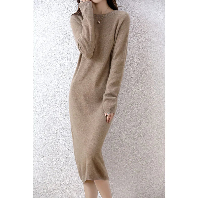 Cashmere Sweater Knitted Dresses 100% Merino Wool Women's Winter Female Elegant Pullovers Dress Autumn Casual Long Sleeve Skirts