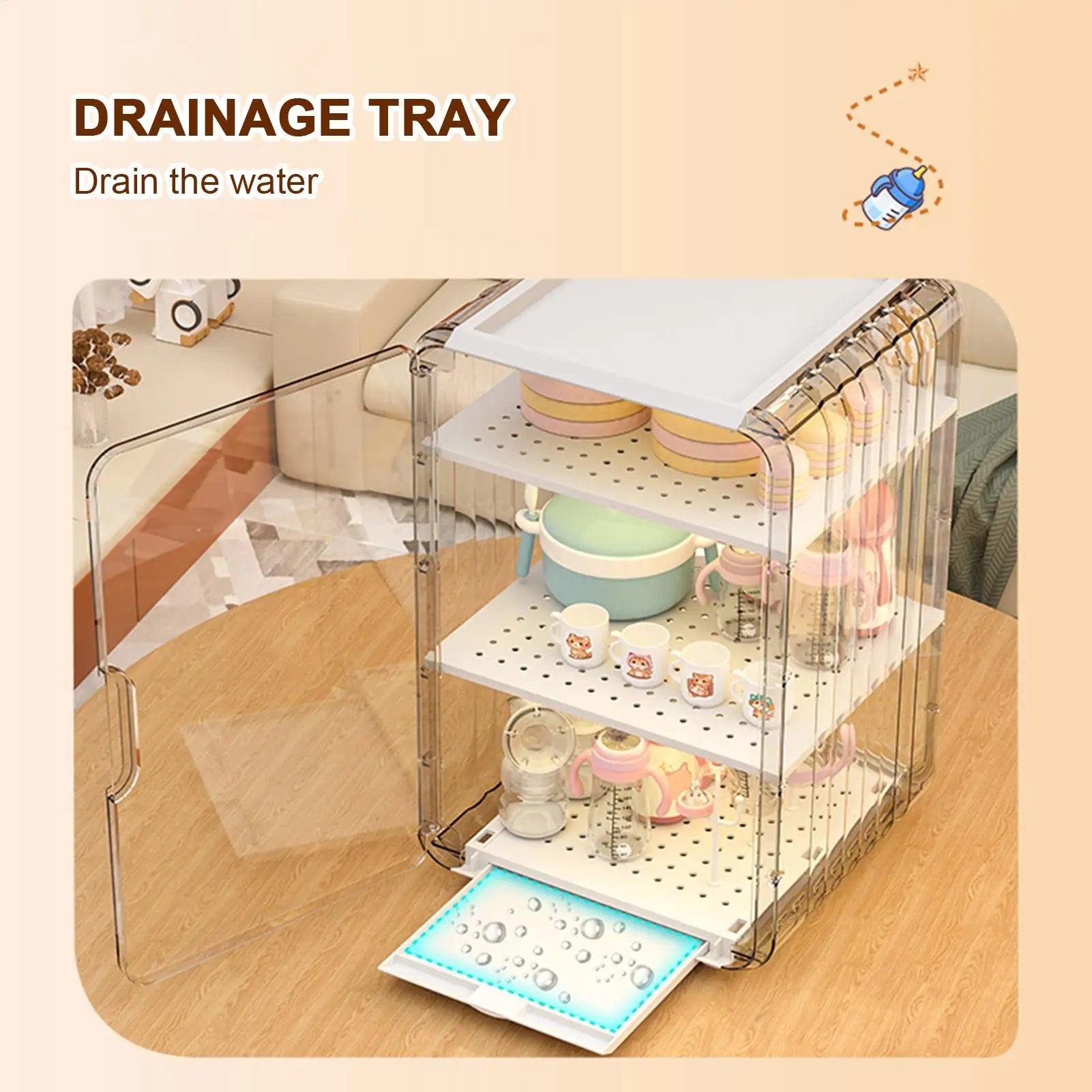 Kids Utensil Organizer Clear Adjustable Storage Rack for Baby Bottles Cups Plates Kitchen Countertop Fridge Dining Cabinet