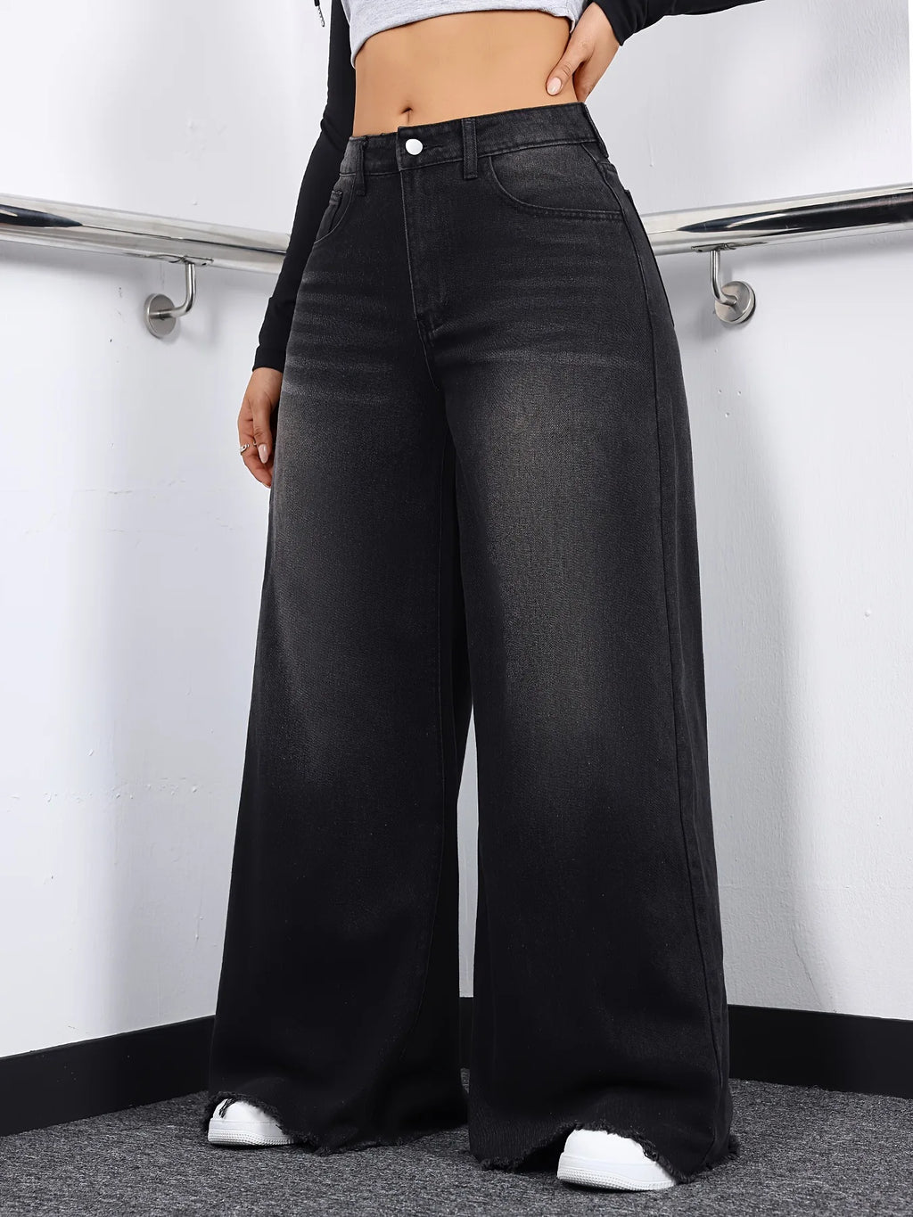 Women's Black Distressed Wide Leg Jeans High Waist Loose-Fit Raw Hem Denim Pants Casual Daily Trousers For Dating & Streetwear