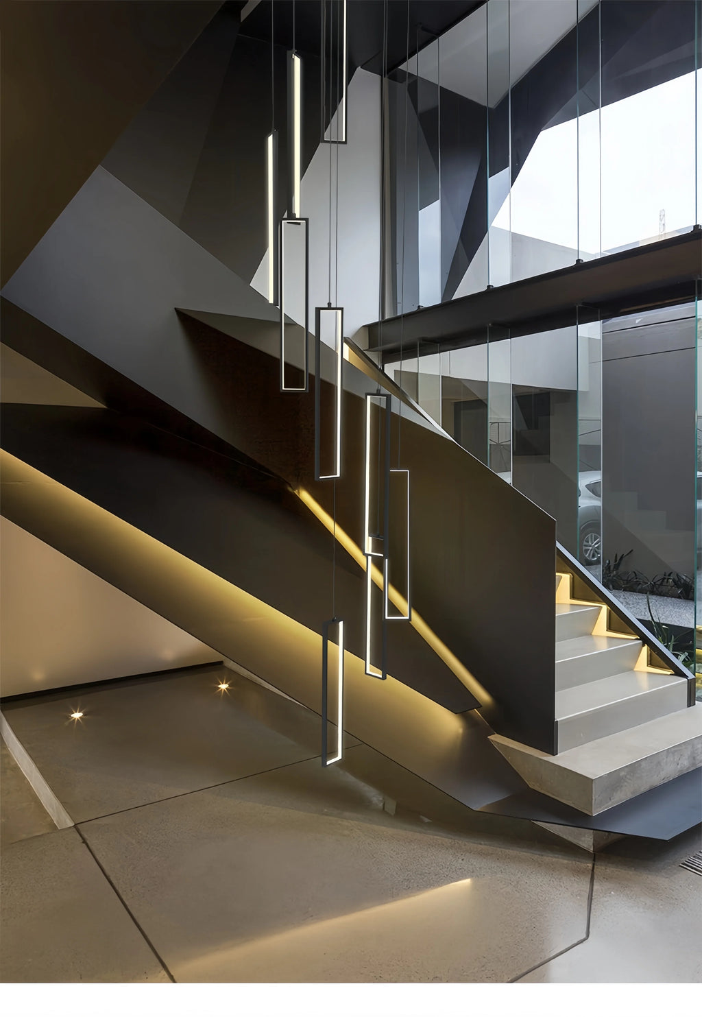 Modern Simple Staircase LED Chandeliers Aluminum Squarer Pendant Lights Loft Villa Duplex Exhibition Hall Decor Lighting Fixture