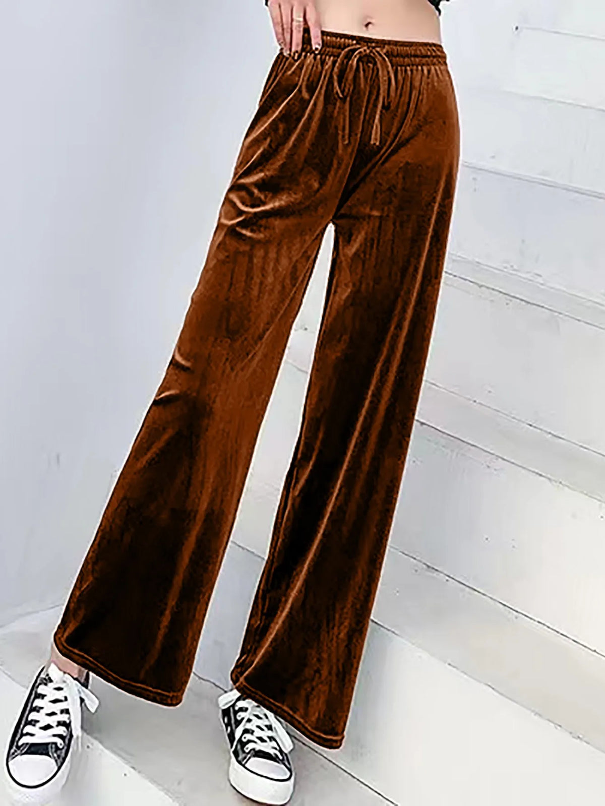 Casual Wide Leg Pants Loose Fit Japanese Korean Casual with Elegant Full Length Regular Thickness Flocked Autumn Women Pants